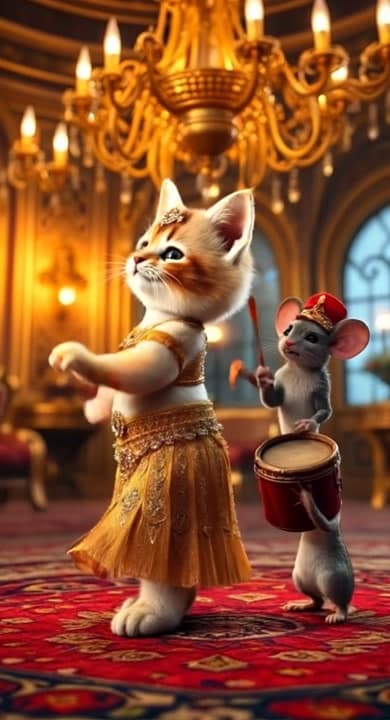 AI generated video: cat dance and mouse beat drum

