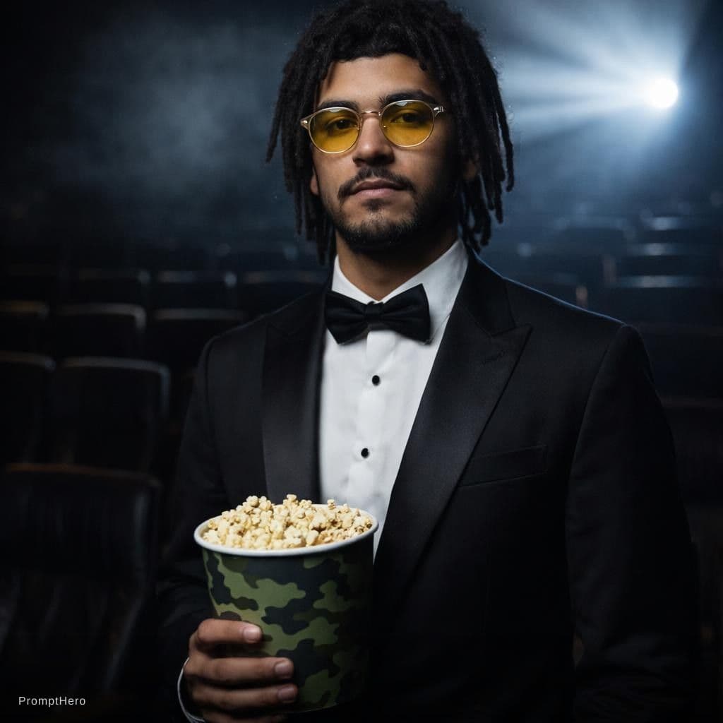 AI generated: photography, in a cavernous cinema, a man exudes a quiet coolness in the spotlight of the projector’...