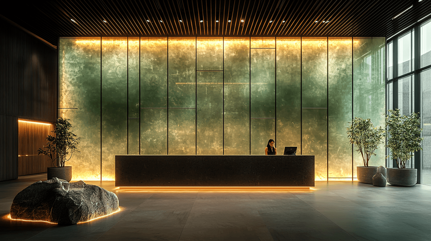 AI generated: architectural photography, perspective, interior space, award winner, vertical light panels transiti...