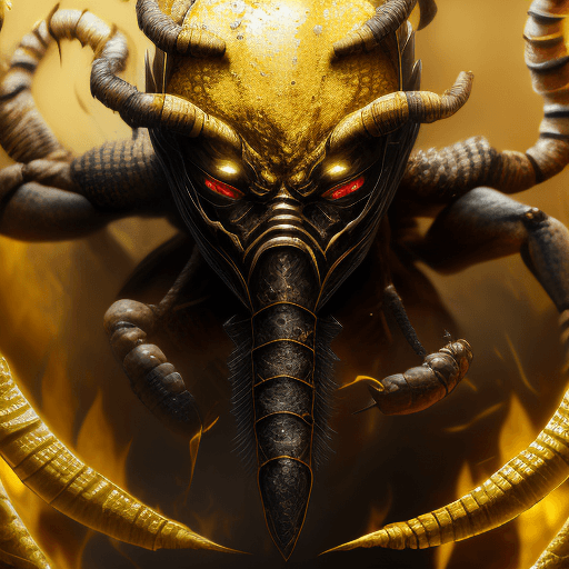 AI generated: scorpion from mortal kombat, covered in gold porcelain skin, white glowing eyes, ninja mask. wearing...