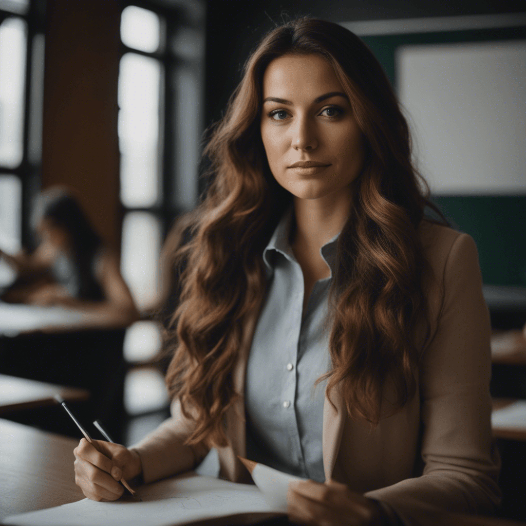 AI generated: A young female school teacher, with long brown hair, in a classroom
