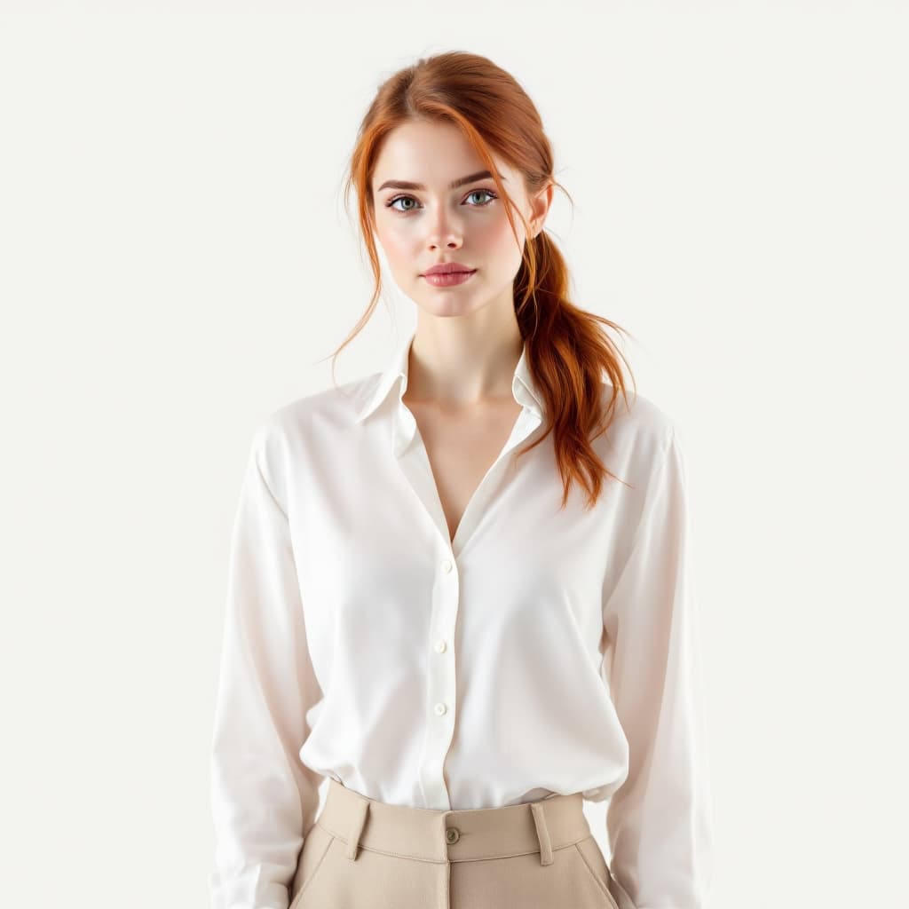 AI generated: A 32-year-old English woman with rich auburn hair in a sleek ponytail, minimal makeup, pale skin, we...