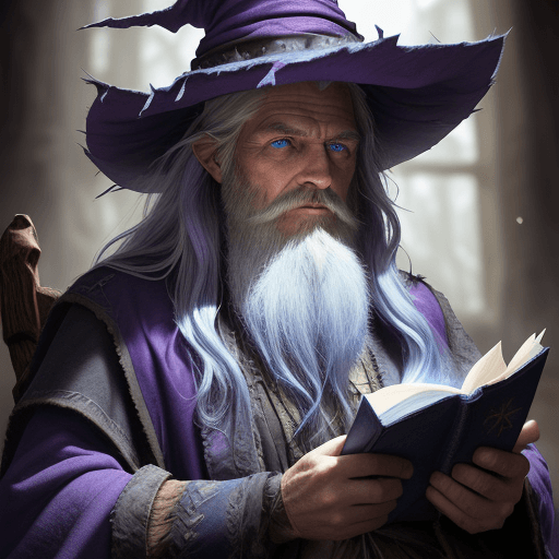 AI generated: award winning waist up photo of a rugged fantasy wizard, 8K, violet wizard, hat, wearing torn wizard...