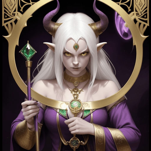 AI generated: A tiefling with chin-length white hair, and gold eyes. She has purple skin and is holding a staff. S...