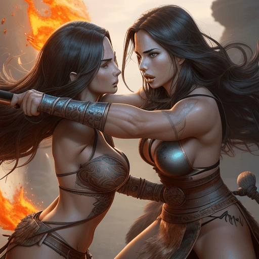 AI generated: 2 warrior princesses fight, Dynamic pose; Artgerm, Wlop, Greg Rutkowski; the perfect mix of Emily Ra...