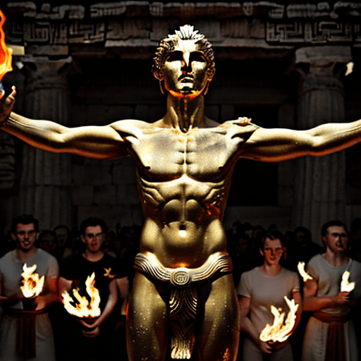AI generated: In a moment of triumph, Prometheus presents the gift of fire to humanity, his expression one of prid...