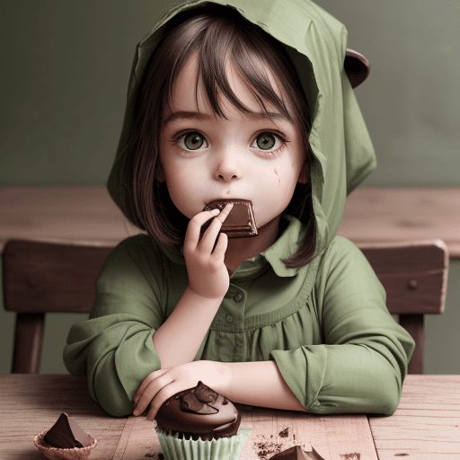 AI generated: a  little girl in green cloth, was eating chocolate cupcake , have chocolate chip on it,
on a wooden...