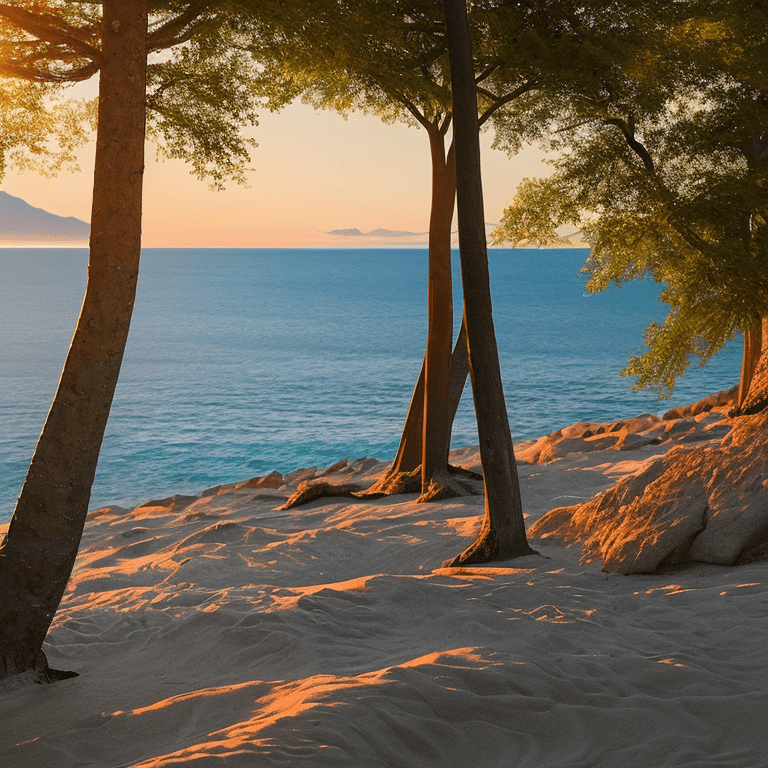 AI generated: oil on canvas, small clouds, beach, 3 trees, small rocks, beautiful setting, early evening, warm glo...