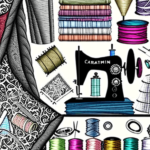 AI generated: An illustration showing a variety of fabrics, sewing machine, sketchbook with designs, focused magni...