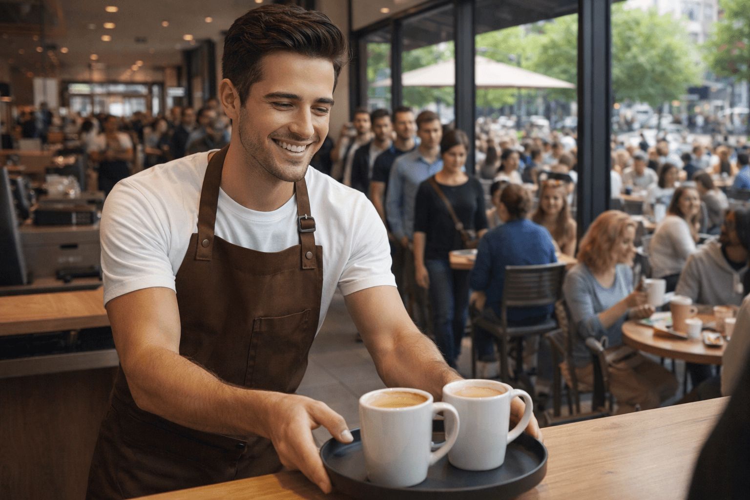 AI generated: the model is a barista at a very busy and big coffee shop. He is behind the counter serving people. ...