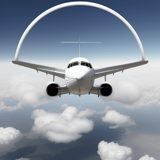 AI generated: 3d image white airplane flying high between the clouds art style logo in a circle
