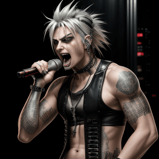 AI generated: Cyberpunk, Rockerboy, american, cyber throat, Silver haired with blonde accents, samurai tanktop, Le...