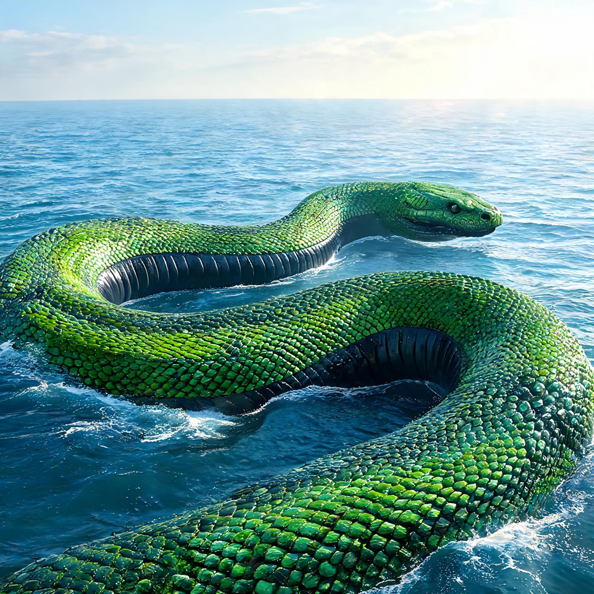 AI generated: a giant snake as big as a small island that has green scales with a black belly