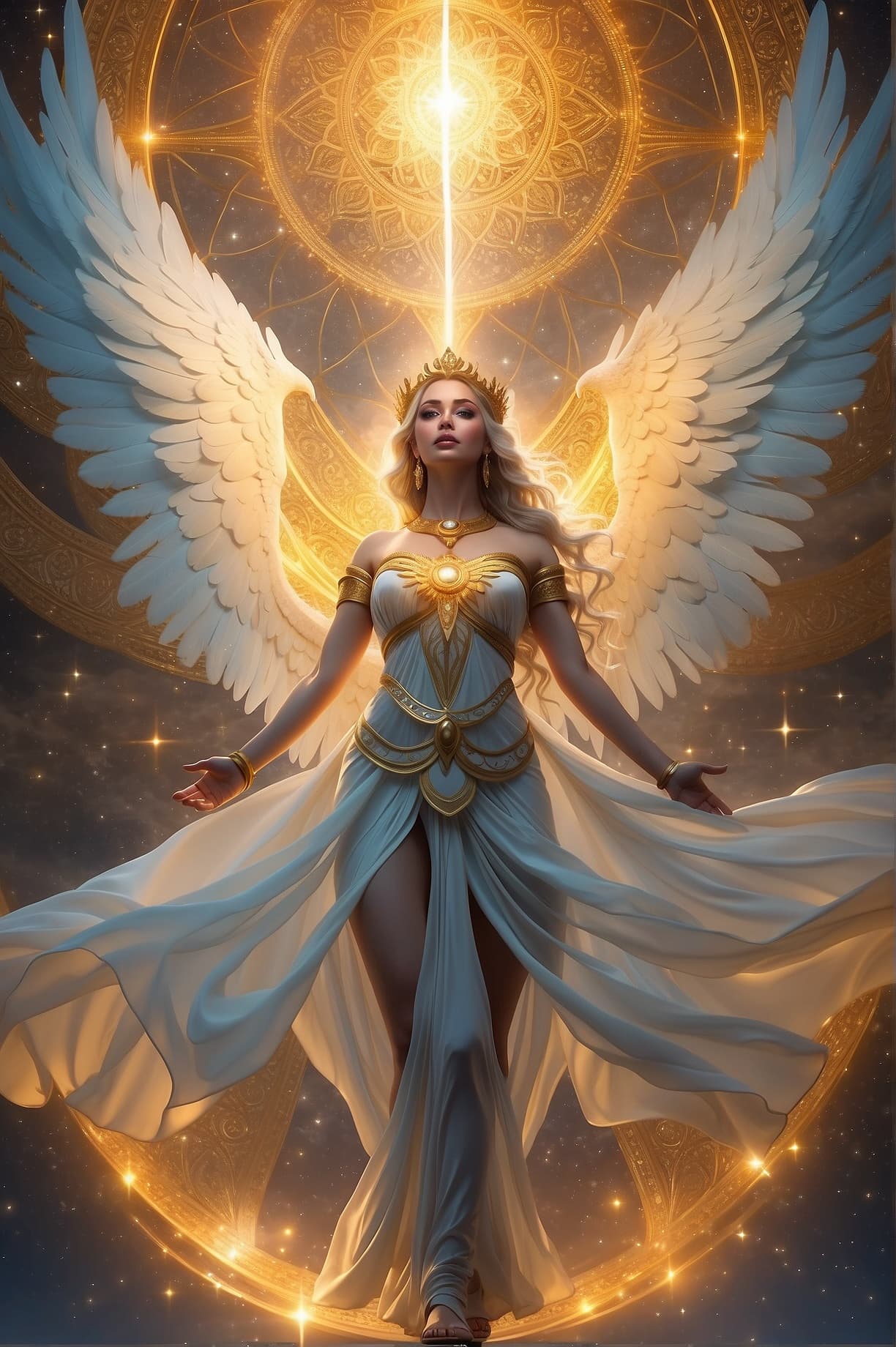 AI generated: Inspiration, angel, light, fire, air, water, earth, light, power, magic, lady, dress, costume, numer...