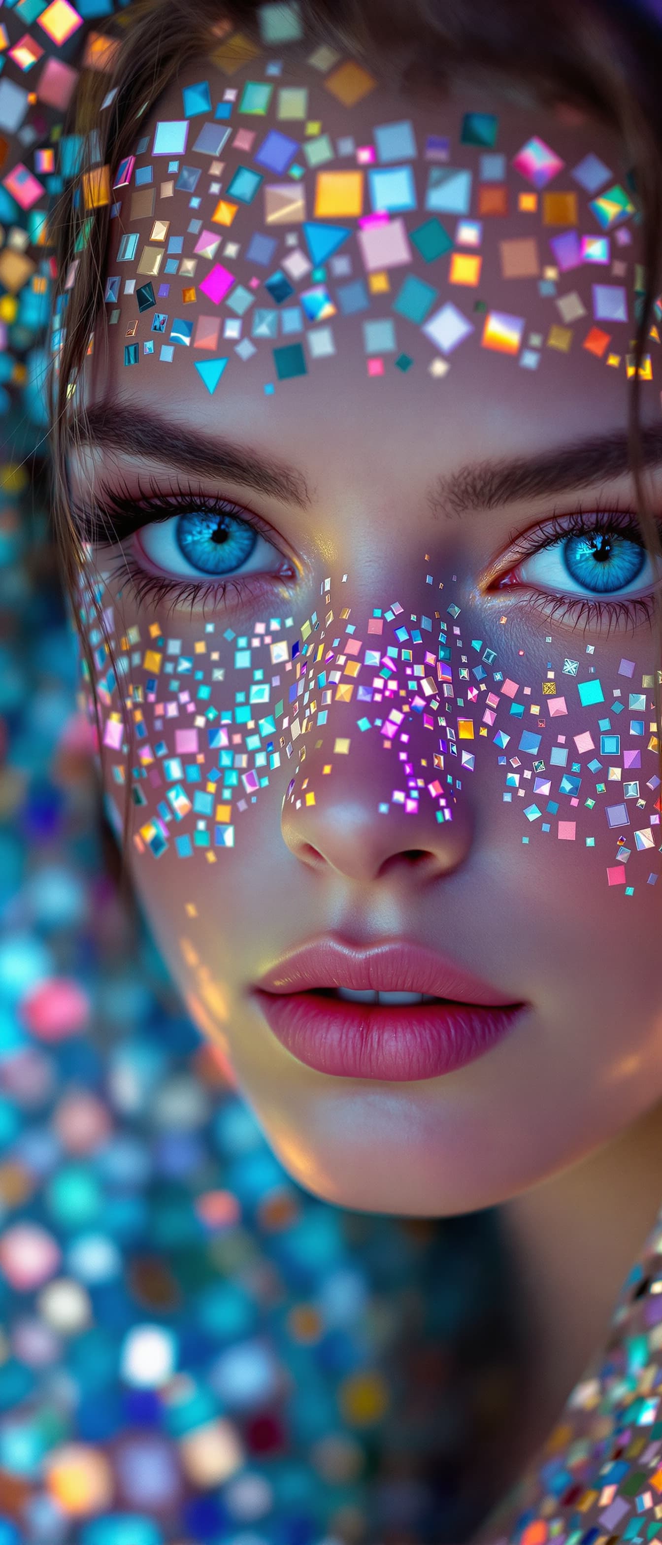 AI generated: A model in her 20's with vibrant blue eyes, haloed by mosaic tiles, detailed, intricate, full vibran...