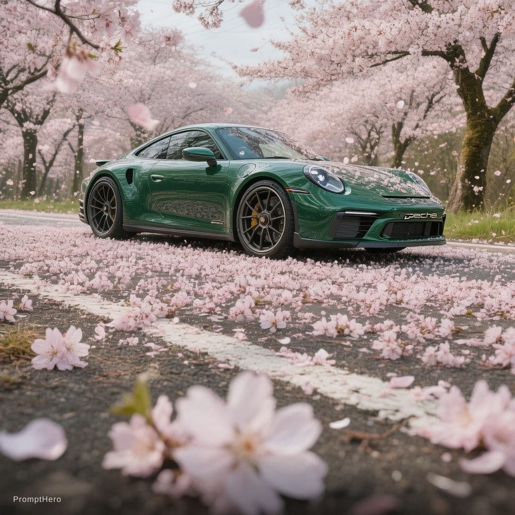 AI generated: extremely low side angle shot of a forest green porche 911 in a field of sakura flowers and sakura f...