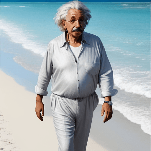 AI generated: Create an image of Albert Einstein walking along a Caribbean beach with his face well defined. Dress...