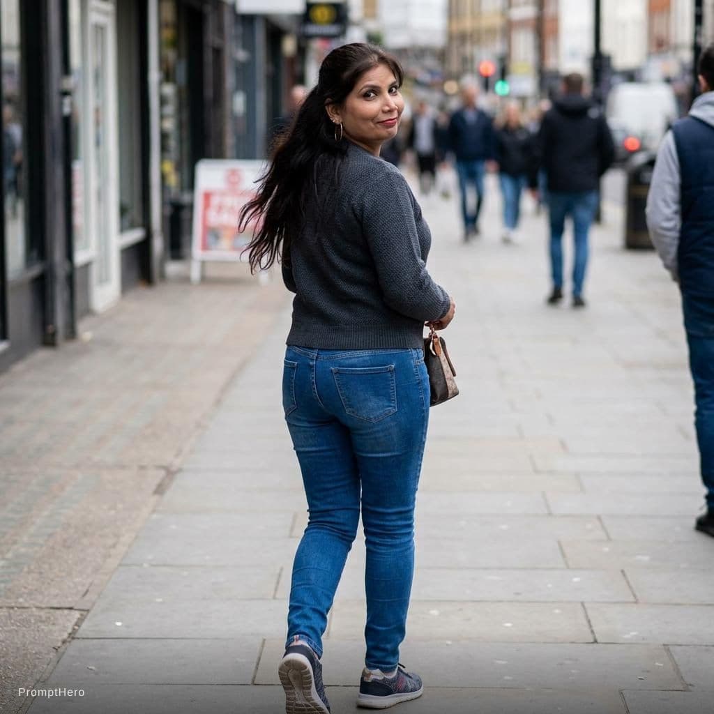 AI generated: 
Have her walking away looking back smirking,  wearing fit jeans and a top