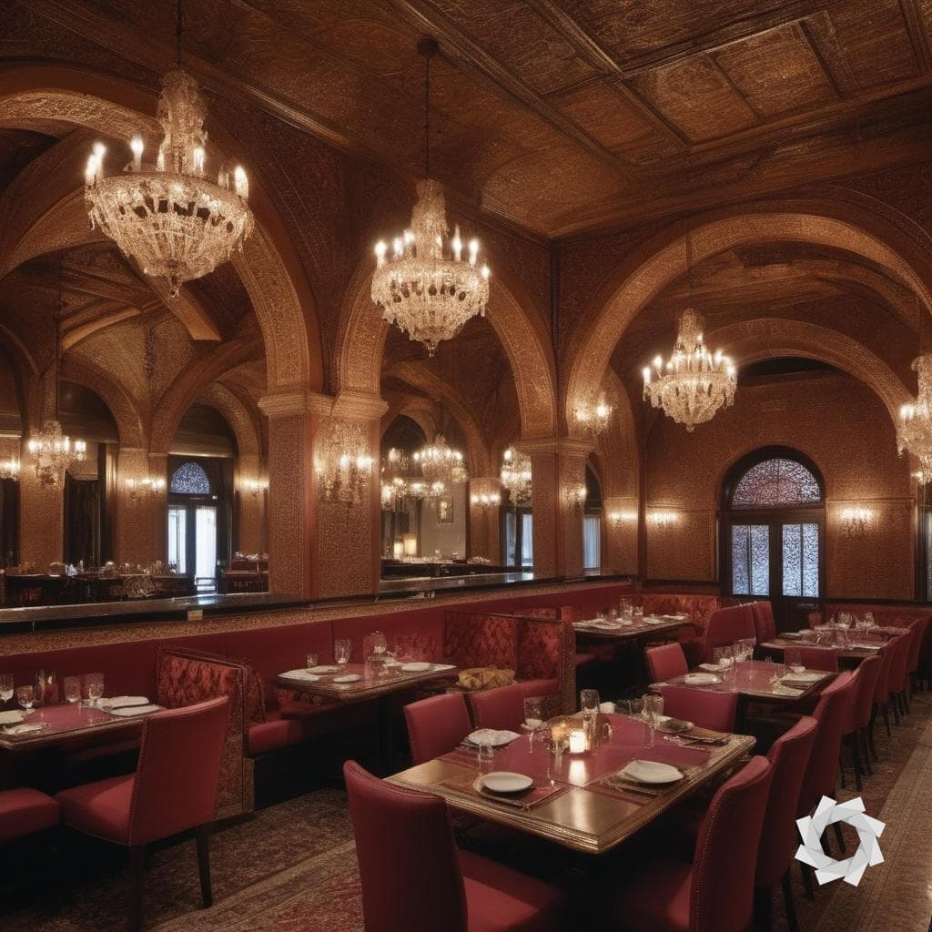 AI generated: Picture a fine dining restaurant exuding the opulent charm of Ottoman style interior design. Ornate ...