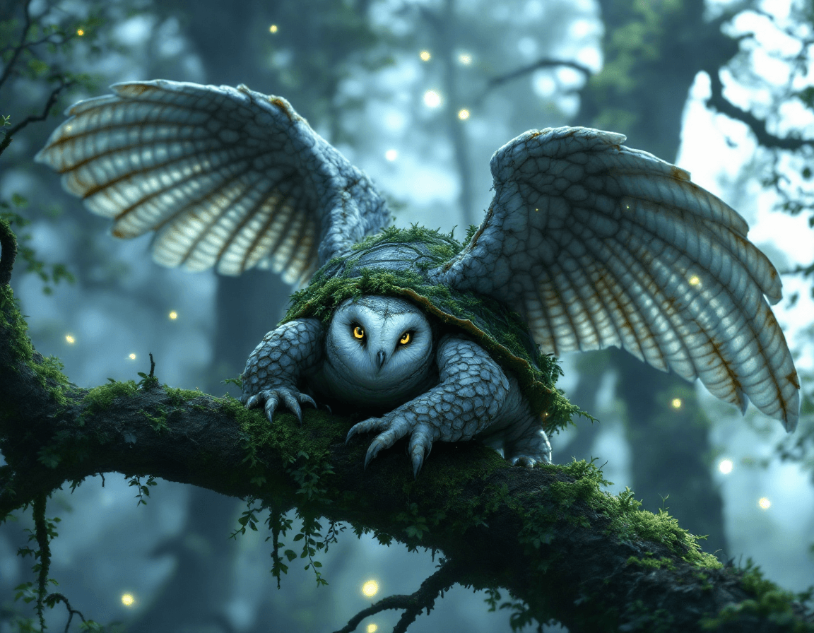 AI generated: In a mist-shrouded enchanted forest at twilight, high upon a moss-covered branch, perches the “Turto...
