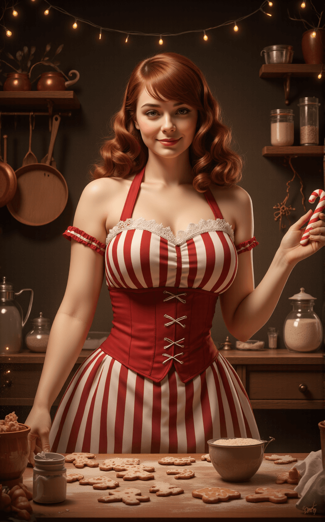 AI generated: A playful, curvy young female stands at the heart of a cozy Christmas kitchen, her hourglass figure ...