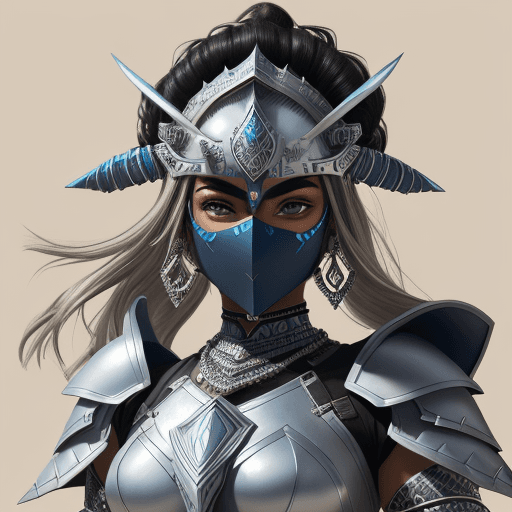 AI generated: a manand an armor on her face, in the style of dark beige and dark azure, desertwave, black and whit...
