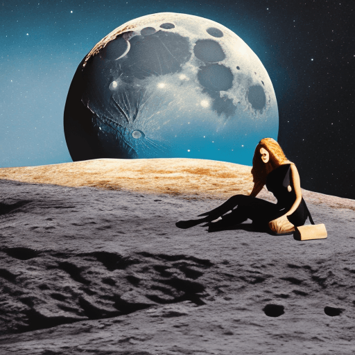 AI generated: pretty woman sitting at the edge of a moon crater wearing a space suit

