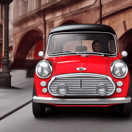 AI generated: 1965 Morris Mini Cooper from The Italian Job film, iconic British car, highly detailed, vintage, cin...