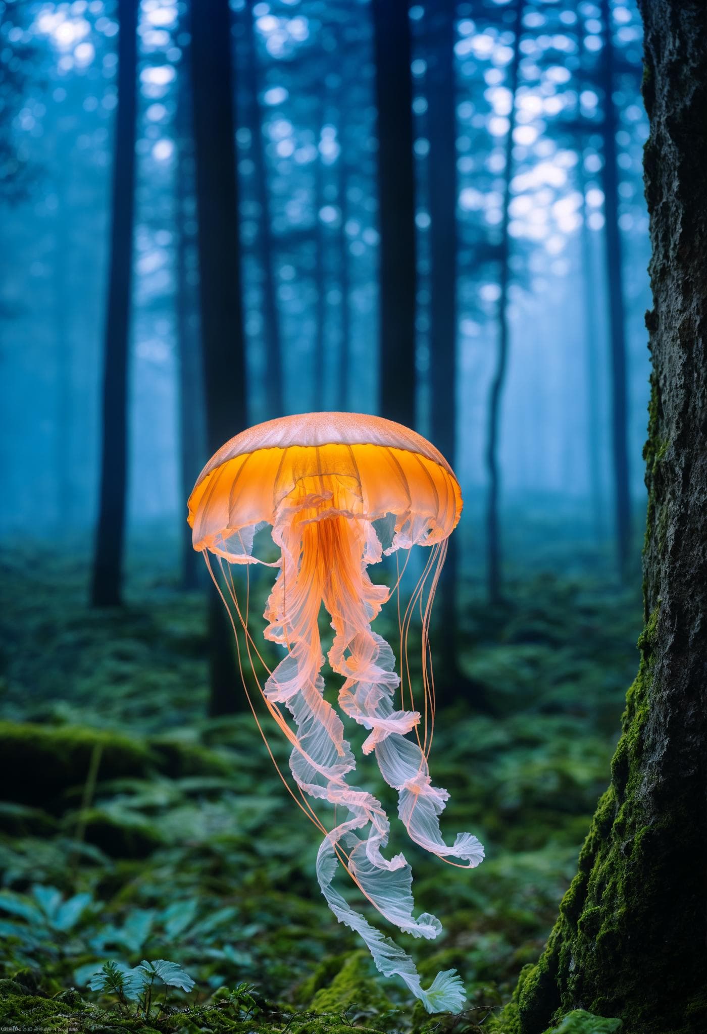 AI generated: A jellyfish in a foggy forest at twilight.