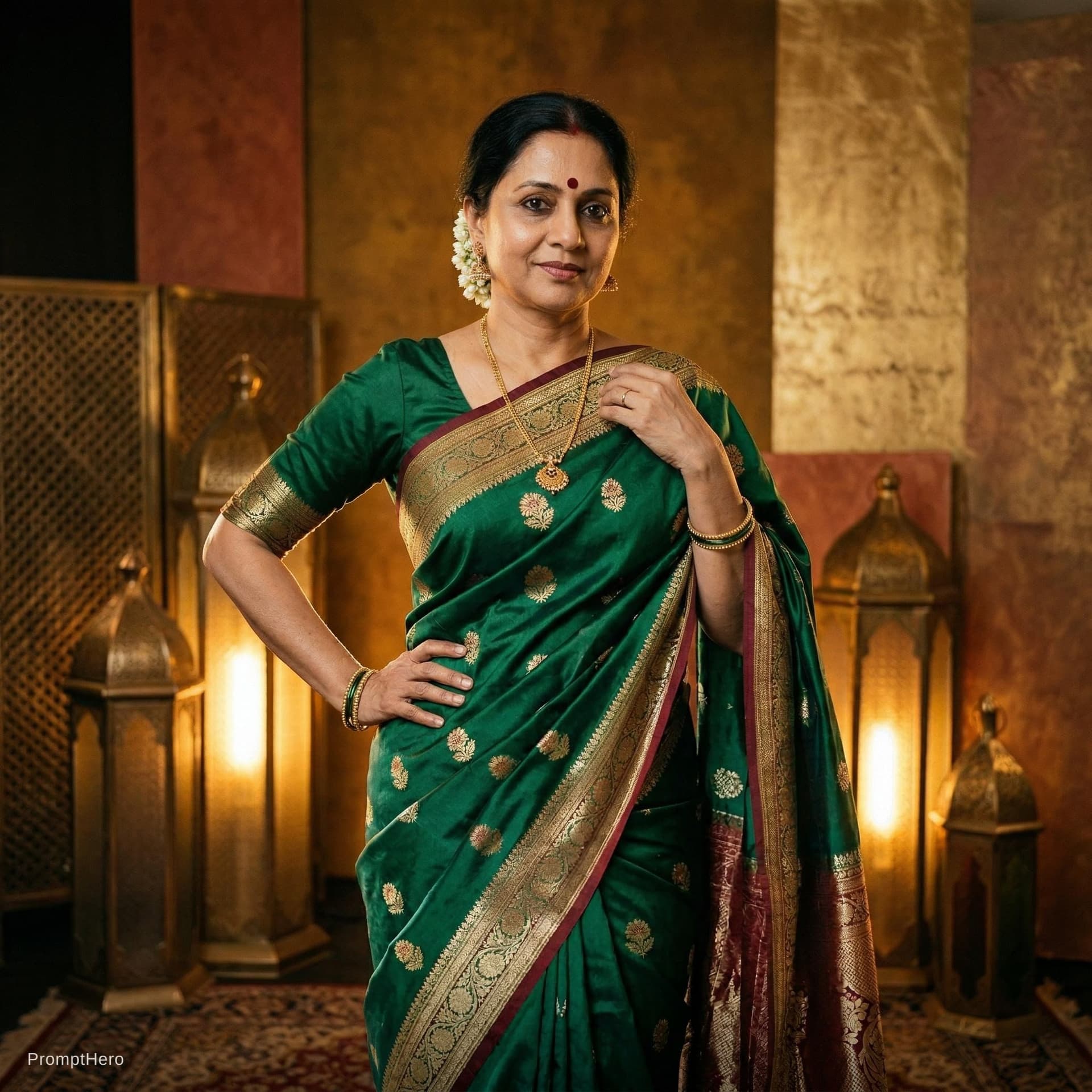 AI generated: A hot and sexy indian aunty exotic saree posing photo