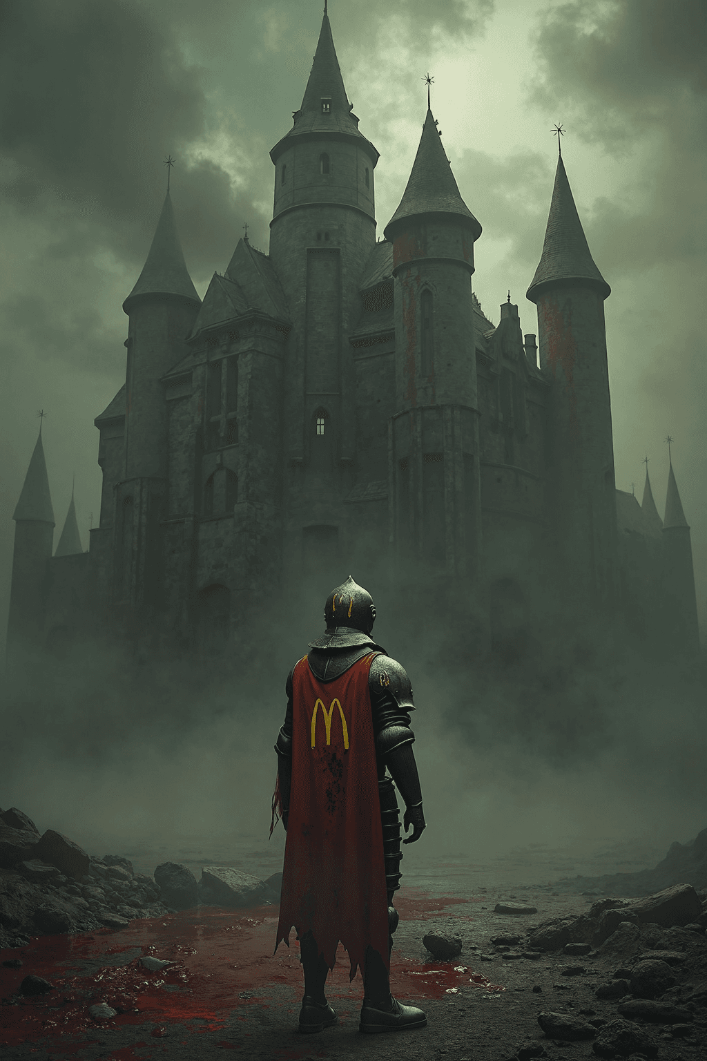 AI generated: Beneath a heavy, sulfurous sky, the armored figure of a knight stands motionless, his silhouette swa...