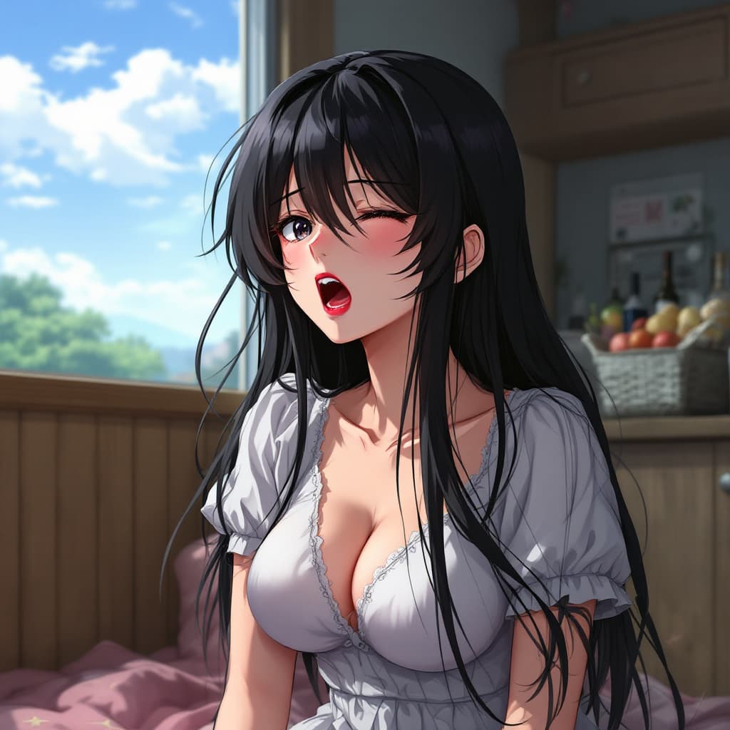 AI generated: waifu with black hair, moaning anime
