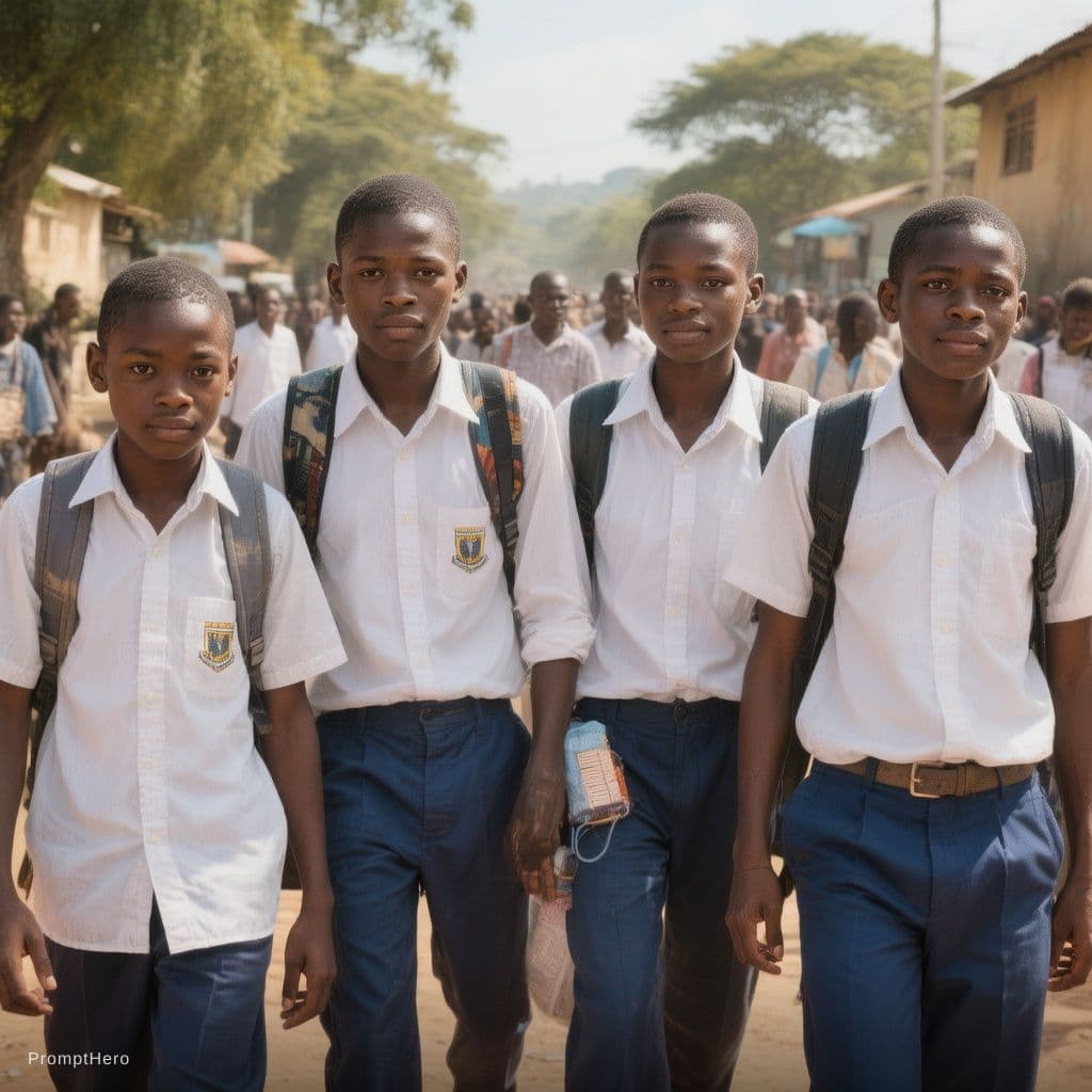 AI generated: 5 amis qui marchent en tenue de lycée (chemise blanche pantalons bleus (différents quelques uns)et r...
