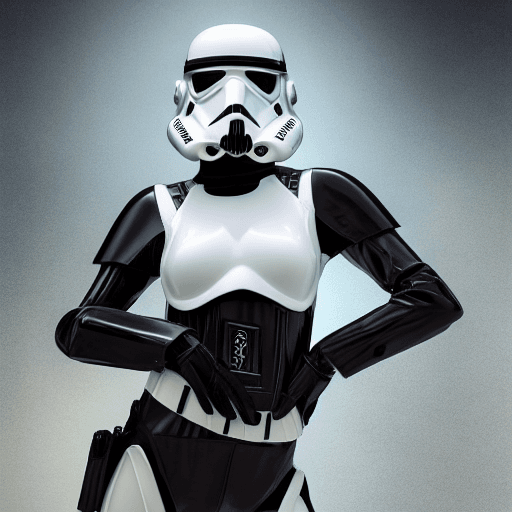 AI generated: female dressed as storm trooper, lingerie, starship background, (((full body visible))), looking at ...