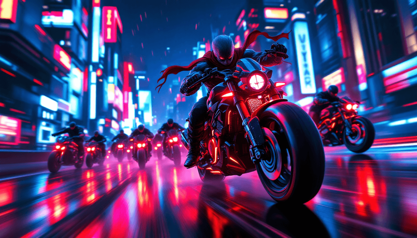 AI generated: The camera dives into a futuristic megacity, bathed in red and blue neon lights reflecting off the w...