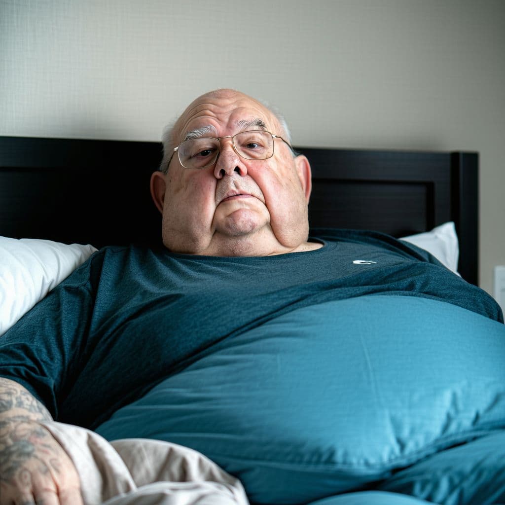 AI generated: a 70 year old obese halfbald grandpa, lies in the bed, thick ass, full body photo