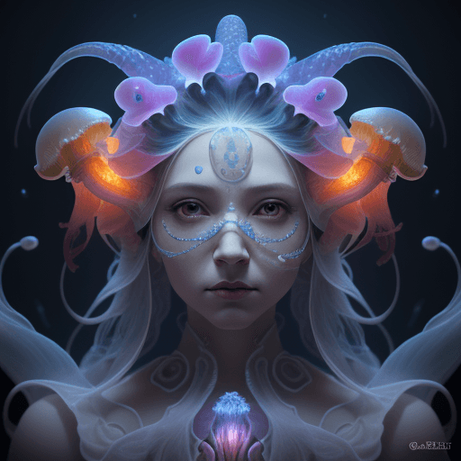 AI generated: Goddess close-up portrait ribcagel. jellyfish phoenix head, nautilus, orchid, skull, betta fish, bio...