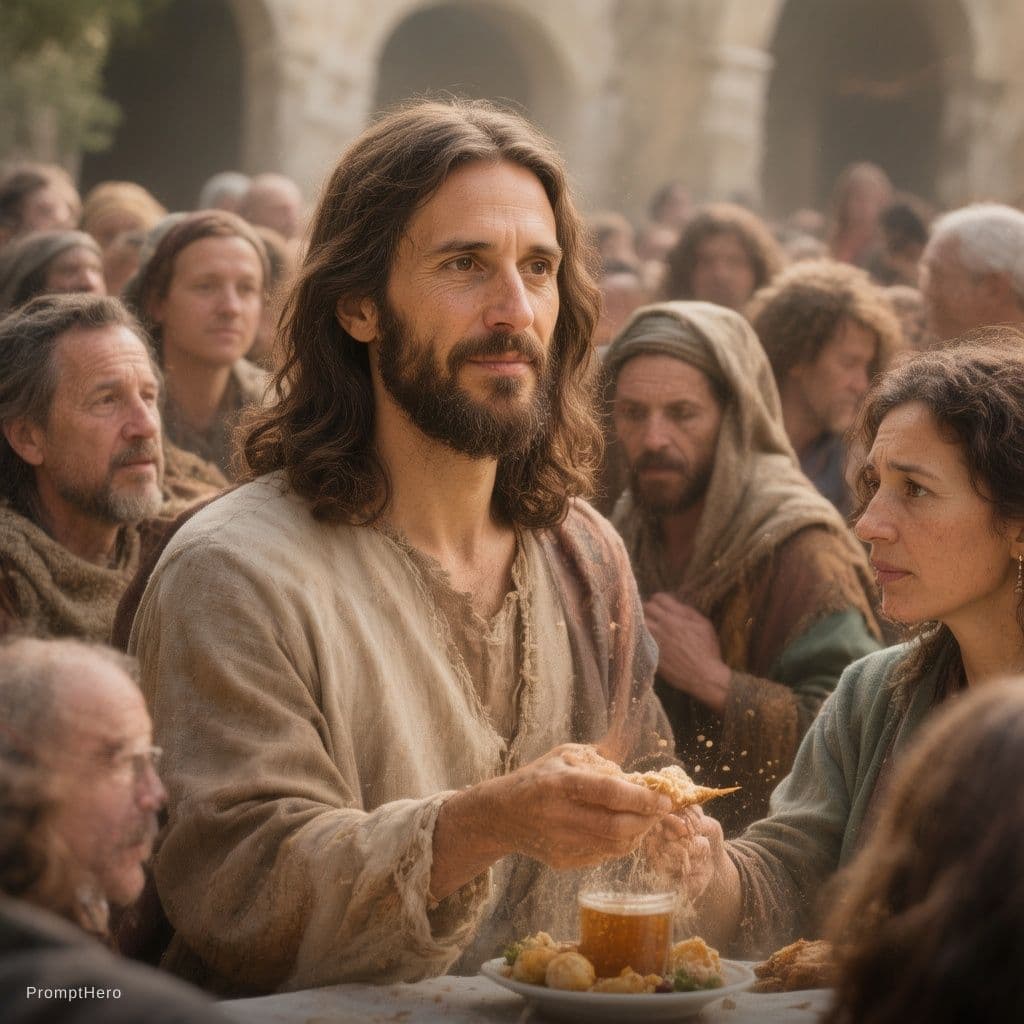 AI generated: The lord jesus breaking bread in a crowded place, but the face of jesus change for the face of Pedro...