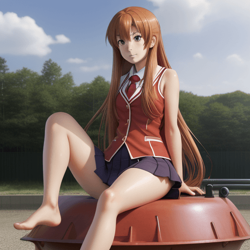 AI generated: taiga aisaka, anime, red school uniform, long hair, sit on tank, not realism, cartoon, art, soles, f...