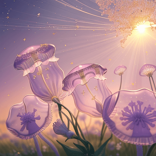 AI generated:  Detail with 6 small, beautiful, delicate flowers that stand in a field, but are transparent and tra...
