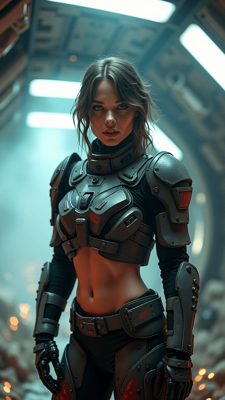AI generated: Full body shot of a beautiful (woman:0.9) as a female space marine, wearing a dirty and scratchy com...