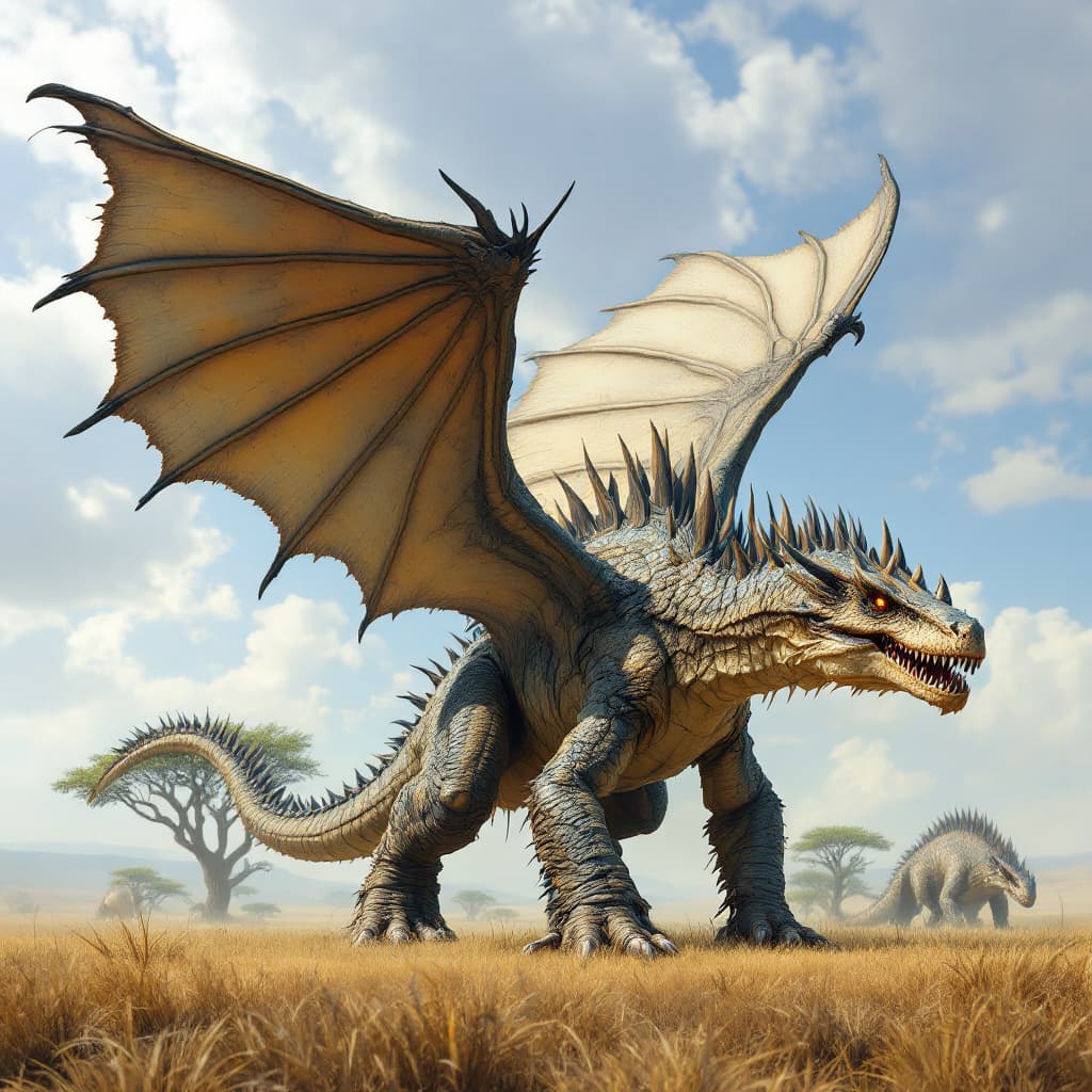 AI generated: New hybrid species, between a dinosaur and a dragon with wings. a biped. The skin must be reptilian....
