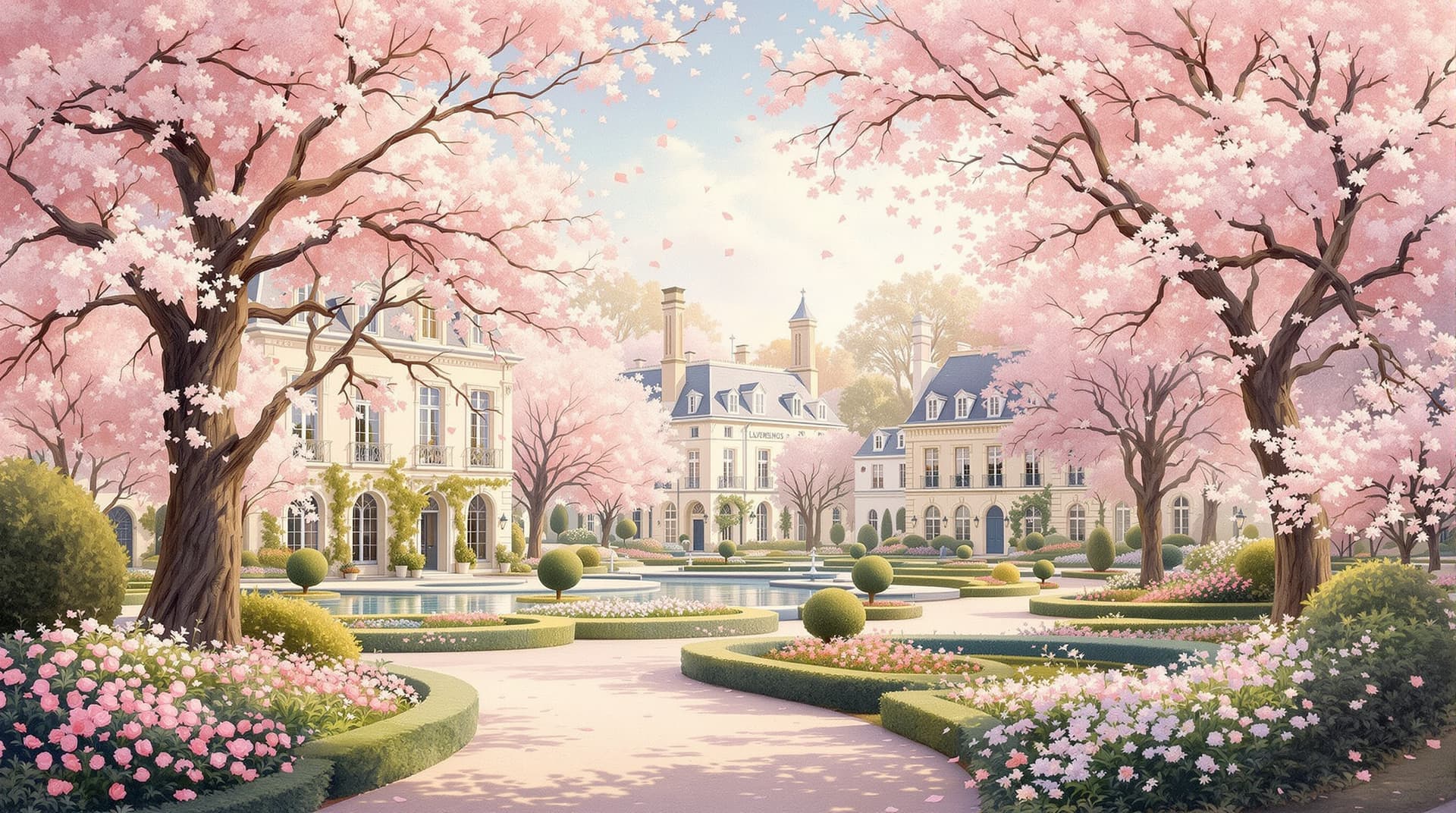 AI generated: "A beautiful painting of the Jardin du Luxembourg in Paris, showing charming garden houses surrounde...
