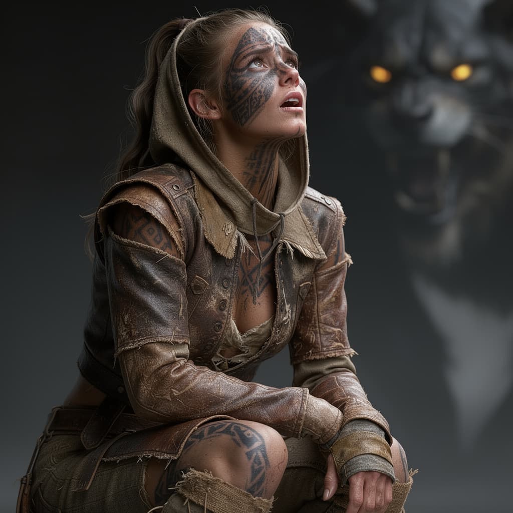 AI generated: nordic beauty with torn revealing clothes is afraid of beast in shadows 