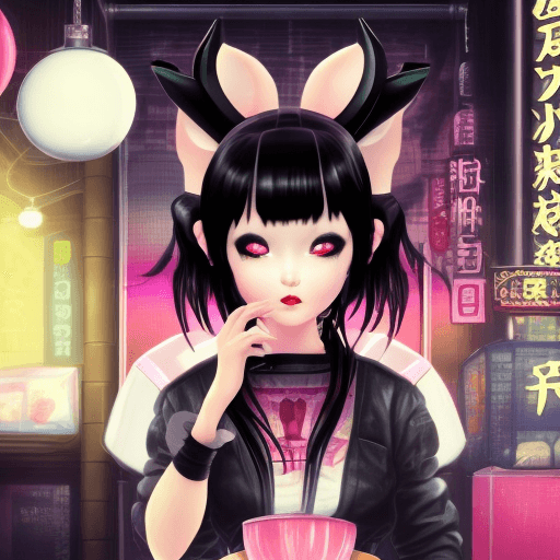 AI generated: a kawaii techno demoness sits at a ramen stall in Neo-Tokyo. She has messy black hair, pink pupils, ...