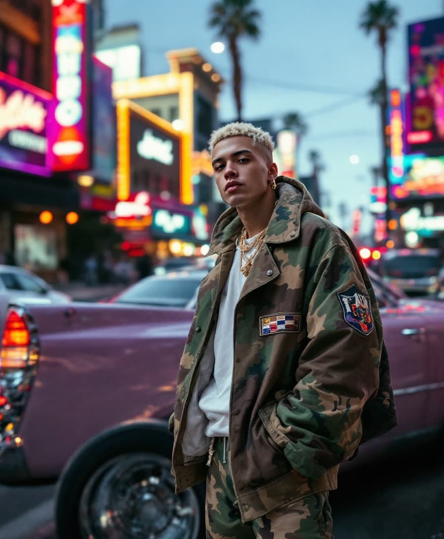 AI generated: a white-skinned shorthair rapper stands near the cadillac confidently on a vibrant urban street.