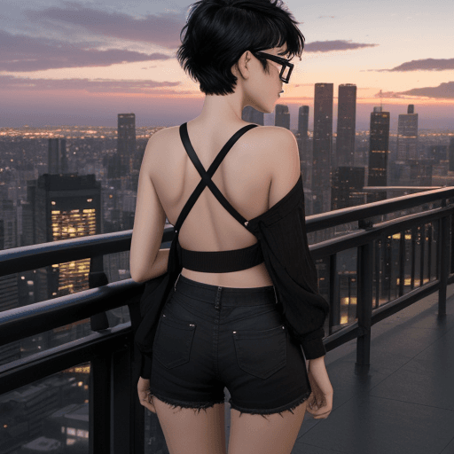AI generated: Girl with short black hair and glasses , leaning on a railing viewing the susnset , wearing black cr...