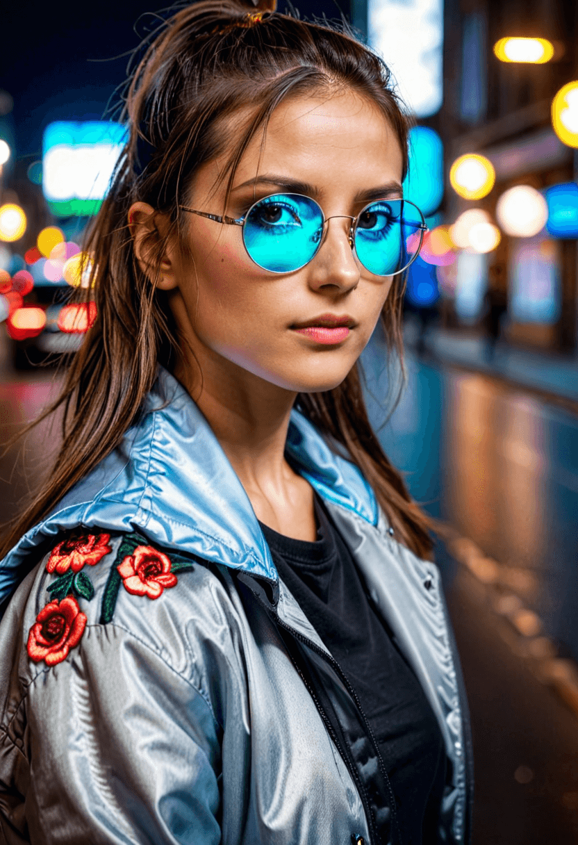AI generated: HDR photo of woman, long brunette hair in a ponytail, perfect eyes, wearing circle tinted reflective...