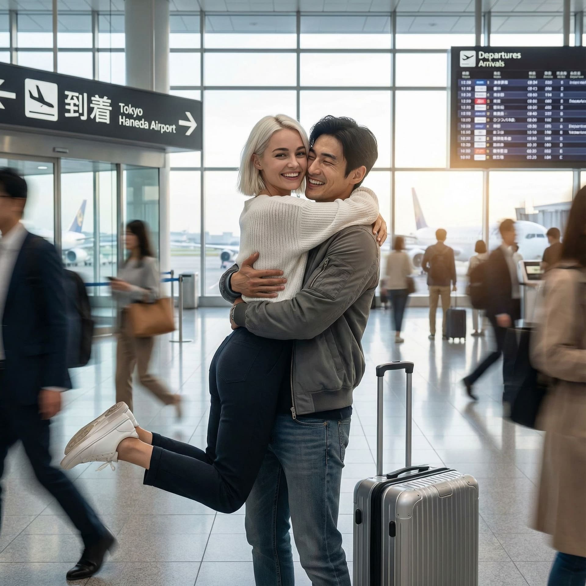 AI generated: Photorealistic scene of Ren meeting Lilith at Tokyo airport. Ren is an athletic Asian man in casual ...