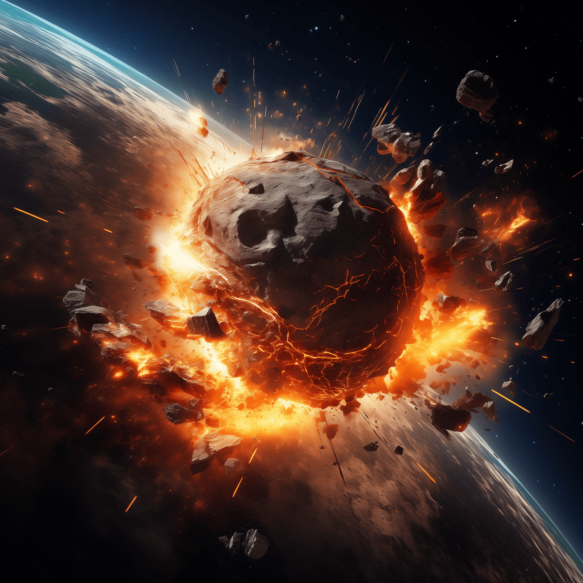 AI generated: A dramatic scene depicts an interstellar planet crashing into the Earth's surface, with the planet i...